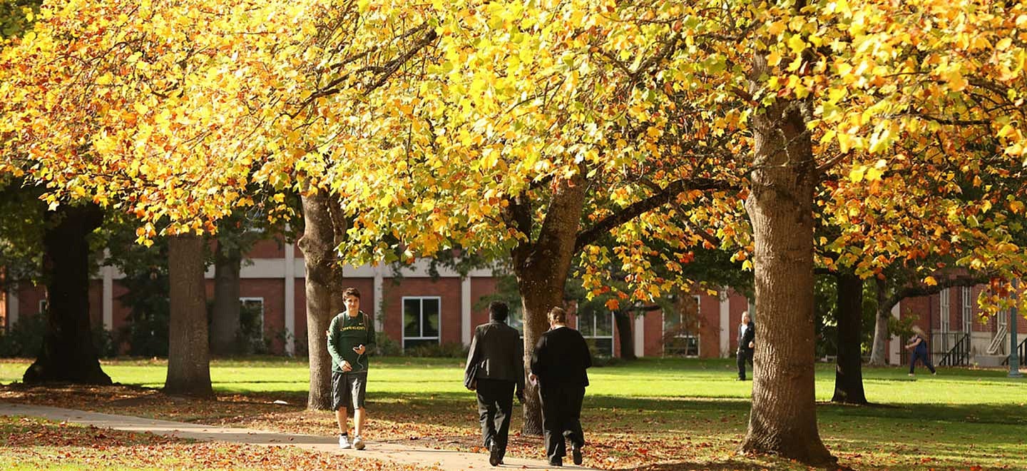 People walking through campus in the fall People walking through campus in the fall